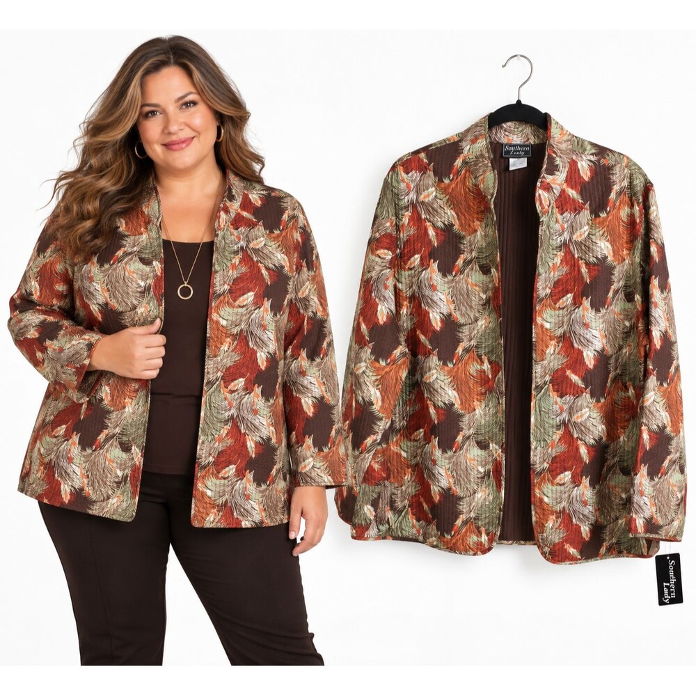 New Southern Lady Quilted Open Front Jacket Size 20W Brown Multi Feather Print